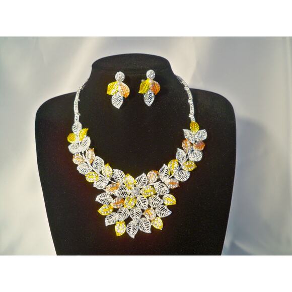 Tri color 4pc leaf necklace set,bridal MOB prom party formal evening necklace - Picture 1 of 9